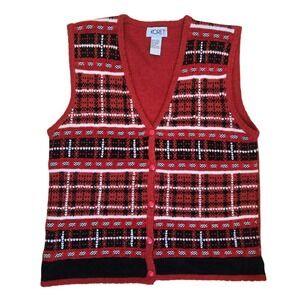 Vintage Koret Red Plaid Sweater Vest Holiday Cottagecore Granny Christmas Medium